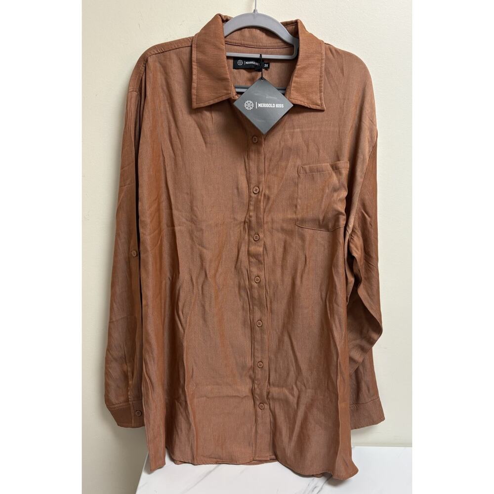 Merigold Kiss Womens 3X Button Up Shirt Rust Brown Long Sleeve Collared Top